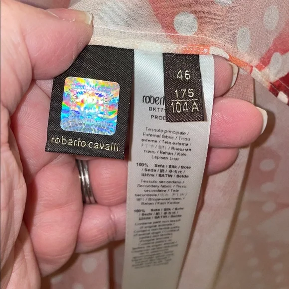 Roberto Cavalli silk Peach Polka Dot ,and rose print Sheer Tunic with Black Trim - Picture 9 of 10